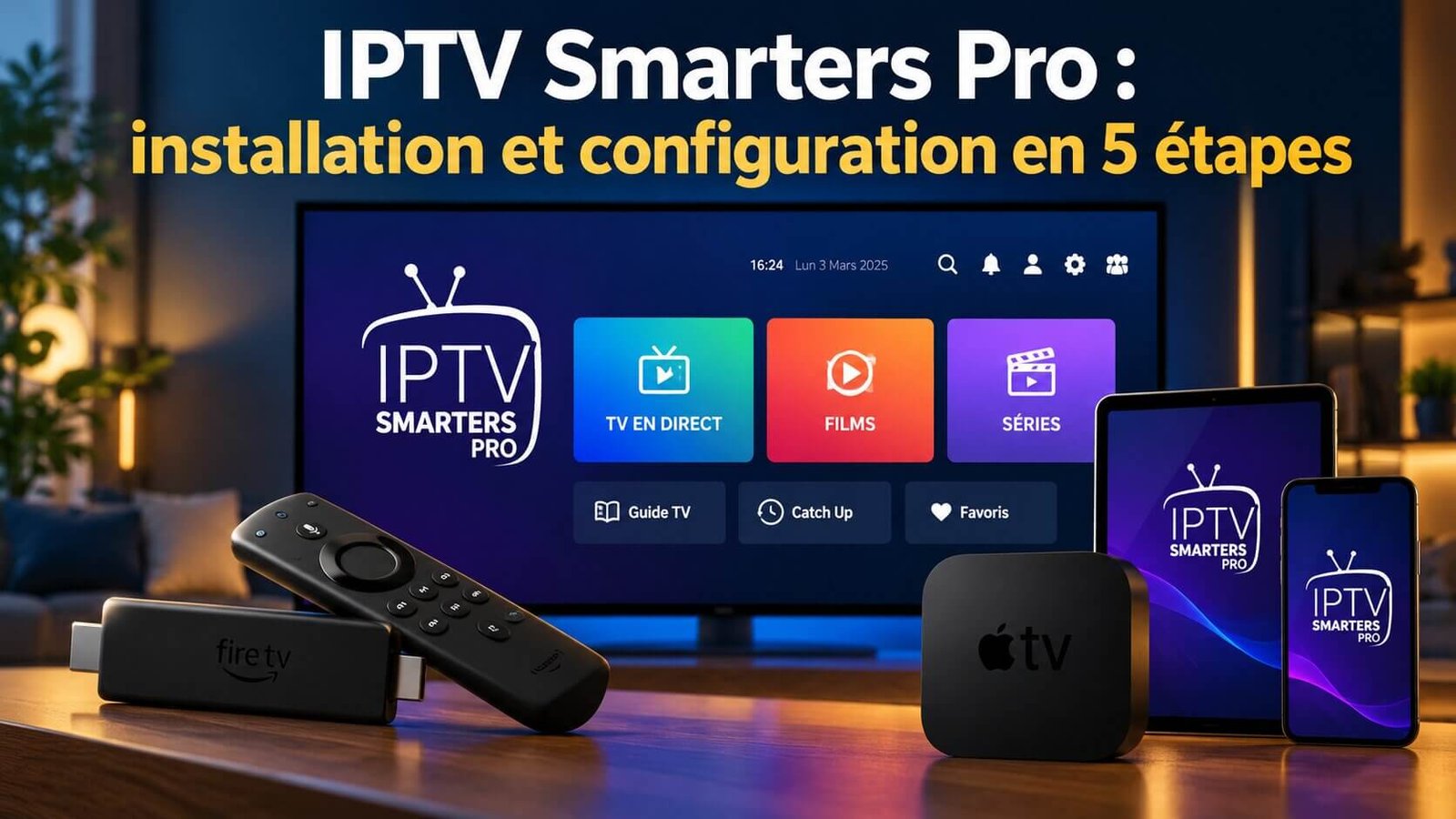 IPTV Smarters Pro configuré sur un téléviseur avec un appareil de streaming dans un salon moderne en Belgique