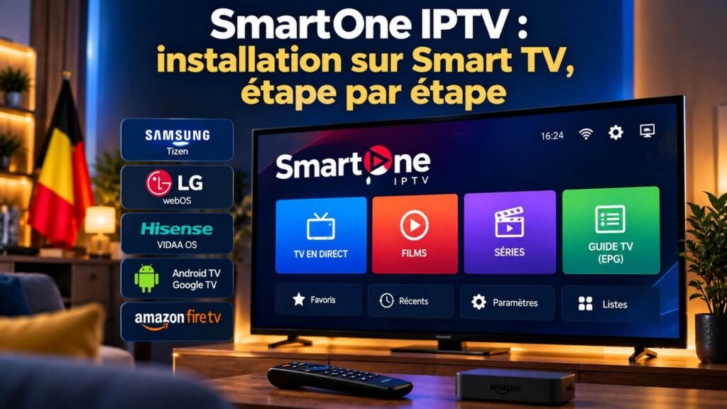 SmartOne IPTV installé sur une Smart TV avec configuration par adresse MAC dans un salon moderne