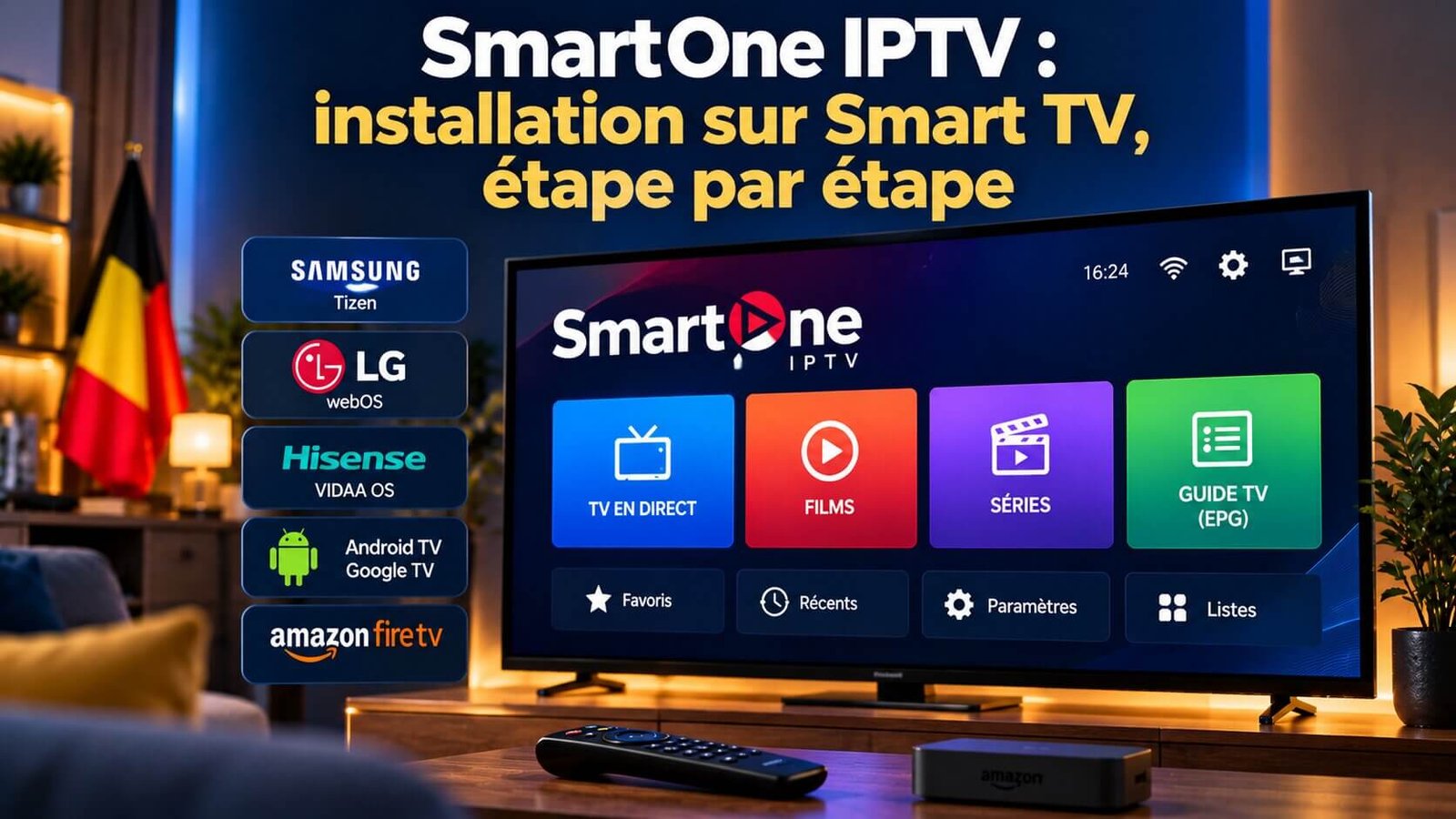 SmartOne IPTV installé sur une Smart TV avec configuration par adresse MAC dans un salon moderne